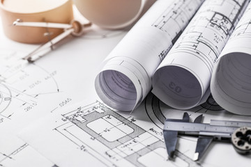 Technical drawings with measure tools. Pencil, measurement. Papers with technical drawings and...