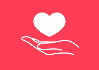 heart in hand icon illustration on red background 