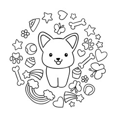 Coloring pages, black and white cute kawaii hand drawn corgi dog doodles, circle print ,