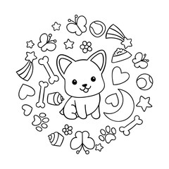 Coloring pages, black and white cute kawaii hand drawn corgi dog doodles, circle print ,