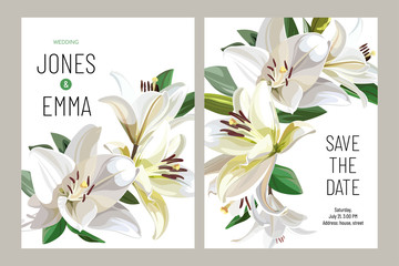Floral wedding invitation card template design. Light Lilies on white background.