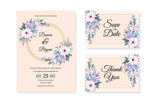 wedding invitation card with soft wild floral watercolor pink background