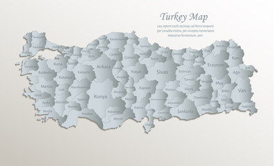 Turkey map, administrative division with names, white blue card paper 3D vector