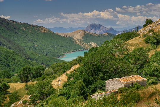 valley with lake of gallo matese and rock