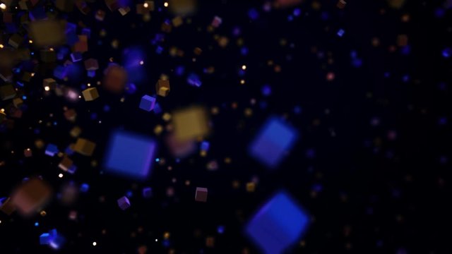 Abstract tiny cubes flying and creating a rectangle frame on black background. Animation. Small geometric figures forming a frame of square.