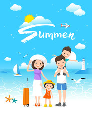 Summer time vacation, sea beach landscape and joyful family.