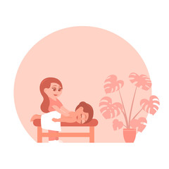 Woman on a massage procedure in a beauty salon. Place for text. Vector cartoon illustration.