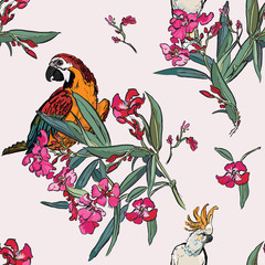 Cockatoo Parrots in Pink Blooming Flowers Exotic Tropical Life, Floral Seamless Pattern Hand Drawn Illustration, Pink Oleander Textile Design Tropical Plants, Jungle Wildlife on Pink Background