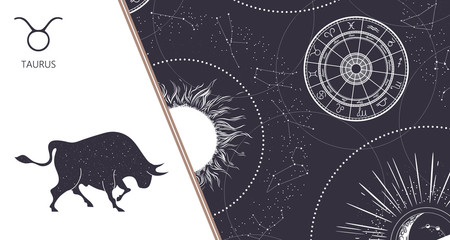 Zodiac background. Constellation Taurus. Horizontal banner. Vector illustration