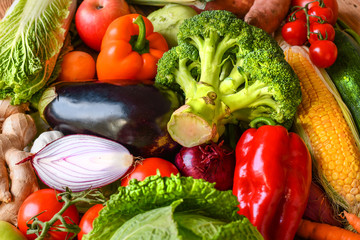 Composition with assorted raw fresh mix vegetables. Variety vegetable top view background.