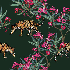 Leopards in Oleander Blooming Tree Garden on Dark Green Background, Night Jungle, Tropical Floral Trees Pink Flowers Hand Drawn Illustration