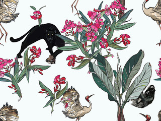 Pantera, Crane, Sloth in Jungle Forest with Palms and Small Pink Flowers in Wildlife Isolated Elements, Oleander Pink Flowers Seamless Pattern on White Background, Realistic Hand Drawn Illustration