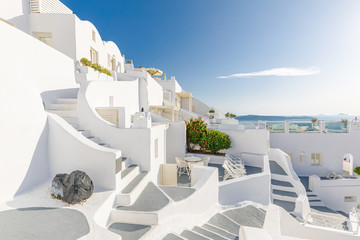 Luxury summer travel and vacation landscape. Amazing white architecture on Santorini island, Greece. Beautiful landscape, sea view.