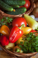 Ripe pods of red bell pepper together with vegetables lie in a basket of vines. Harvest pepper with cucumbers and tomatoes from the home garden.