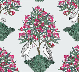 Seamless Pattern Indian Heron under the Oleander Blooming Tree in Chess Order
