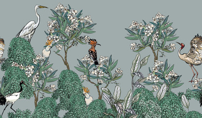 Fototapety  Bezszwowe obramowanie białe drzewo kwiatowe oleander z wieloma ptakami na niebieskim tle, panoramiczny widok wiosenny ogród z dudkiem, papugi, czaple, białe kwiaty Panorama Print