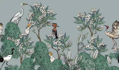 Abwaschbare Fototapete Vintage botanische Landschaft Nahtloser Rand weißer Oleander-Blumenbaum mit vielen Vögeln auf blauem Hintergrund, Panoramablick Frühlingsgarten mit Wiedehopf, Papageien, Reiher, weißer Blüten-Panorama-Druck