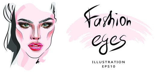 Vector illustration, fashion illustration on the theme of makeup and beauty. Beautiful female egg close-up. Beautiful girl and beautiful eyes and bright makeup.