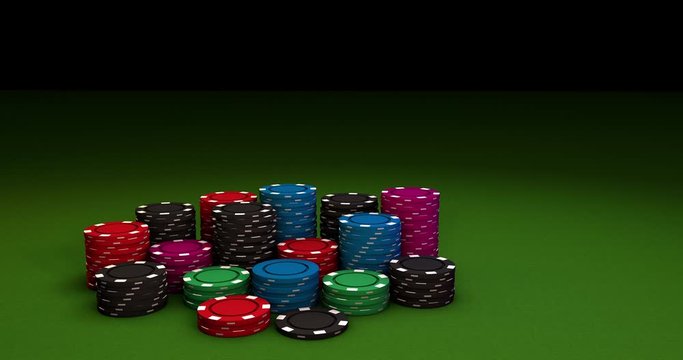 3D motion. Colorful poker chips randomly and gradually appearing on green playing table surface, lining up in stacks. Gambling, casino. Close-up