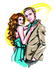 Vector illustration, couple in love, young woman and man are standing in an embrace. The modern sketch is bright and beautiful. Fashionable illustration. Love and loving relationships between people. 