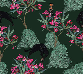 Udod and Pantera in Oleander Blooming Trees on Dark Green Background, Tropical Plants, Flower Blooms in Spring, Exotic Birds and animals in Garden, Wildlife Textile Design © Irina