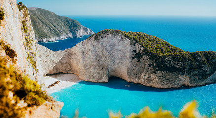 Panoramic view of Navagio beach, Zakynthos island, Greece. Shipwreck bay with turquoise water and white sand beach. Famous landmark location in the World