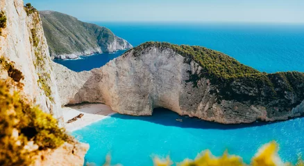 Wall murals Navagio Beach,  Zakynthos, Greece Panoramic view of Navagio beach, Zakynthos island, Greece. Shipwreck bay with turquoise water and white sand beach. Famous landmark location in the World