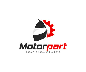 Motorcycle parts logo design. Motorbike repair vector design. Motorcycle helmet and gear wheel logotype