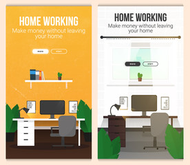 Set of Home Working banners with workspace. Home office. Freelance concept template.