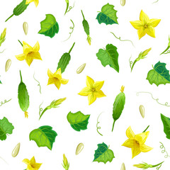 seamless cucumber pattern with yellow flowers, leaves and seeds on white. ripe cucumber fruit endless vector background. healthy food illustration. realistic vegetables backdrop. for summer eco design