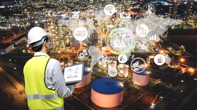 Industry 4.0 of oil and gas refining process of refinery plant, Double exposure of engineer working, Industrial energy system network icons concept.