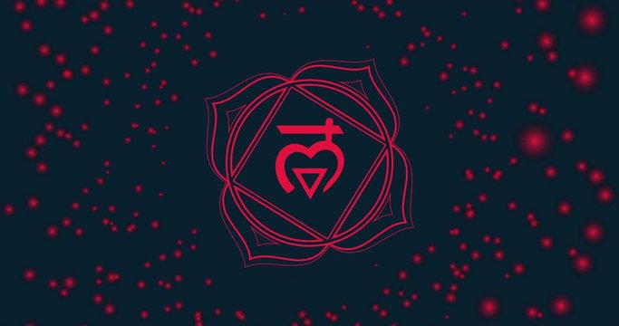 Animated chakra muladhara. The first symbol is red. Lotus in the stroke. Isotherics. Yoga icon. Om sign