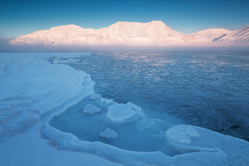 Norway landscape ice nature of the glacier mountains of Spitsbergen, Longyearbyen, Svalbard. Arctic...