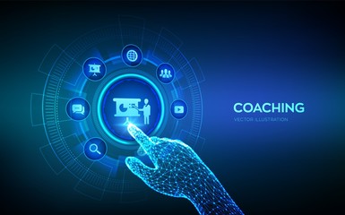 Coaching and mentoring concept on virtual screen. Personal development. Education and e-learning. Webinar, online training courses. Robotic hand touching digital interface. Vector illustration.