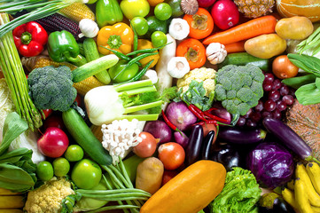 Fresh vegetables and fruits,Colorful fruits and vegetables,clean eating,vegetables and fruits background,top view,Set of fruits and vegetables,Food concept.