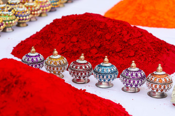 Colorful Vermilion Or Sindoor Or Sindura traditionally worn in the hair by married women in India And Flower Design Round Shaped Antique Decorative Ornamental Sindoor Box