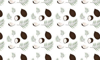 Colorful pattern of coconuts and palm leaves. Can be used in package design and textile. Vector illustration isolated on white background.