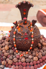 Statue Of Garlands And Snake Mounted On Shivalinga Made Of Holy Sacred Rudraksha For Devotees Of...
