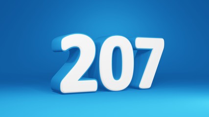 Number 207 in white on light blue background, isolated number 3d render