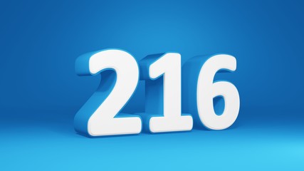 Number 216 in white on light blue background, isolated number 3d render