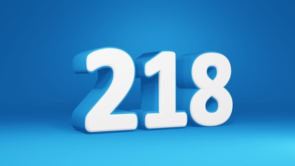 Number 218 in white on light blue background, isolated number 3d render