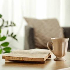 Desk of free space and blurred background of window 