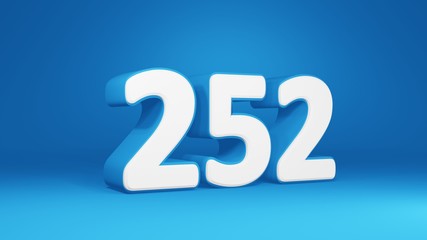 Number 252 in white on light blue background, isolated number 3d render