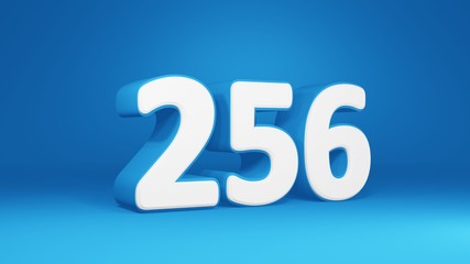 Number 256 in white on light blue background, isolated number 3d render