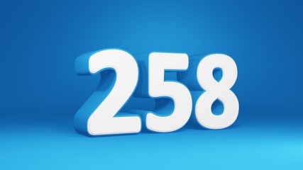 Number 258 in white on light blue background, isolated number 3d render