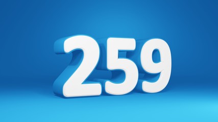 Number 259 in white on light blue background, isolated number 3d render