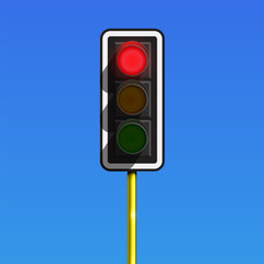 Realistic traffic lamp on a pole with all the lamps glowing, vector illustration