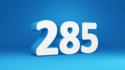 Number 285 in white on light blue background, isolated number 3d render