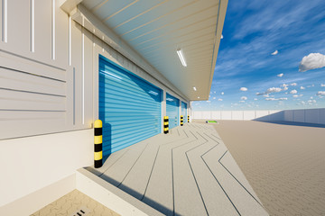 Roller door or roller shutter. Also called security door or security shutter. For protect residential, commercial and industrial building i.e. house, factory, warehouse, hangar, store etc. 3d render.