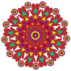 round flower ornament. red abstract flower. kaleidoscope. mandala. color drawing by hand. colorful plant pattern. template, print, embroidery, clipart.